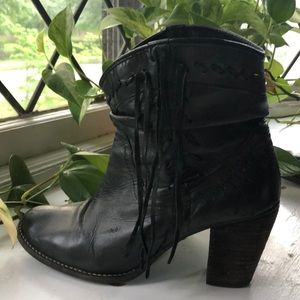 Black fringe heeled leather cowboy boots